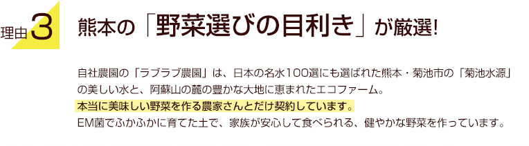 理由3.熊本の「野菜選びの目利き」が厳選!自社農園の「ラブラブ農園」は、日本の名水100選にも選ばれた熊本・菊池市の「菊池水源」の美しい水と、阿蘇山の麓の豊かな大地に恵まれたエコファーム。本当に美味しい野菜を作る農家さんとだけ契約しています。EM菌でふかふかに育てた土で、家族が安心して食べられる、健やかな野菜を作っています。